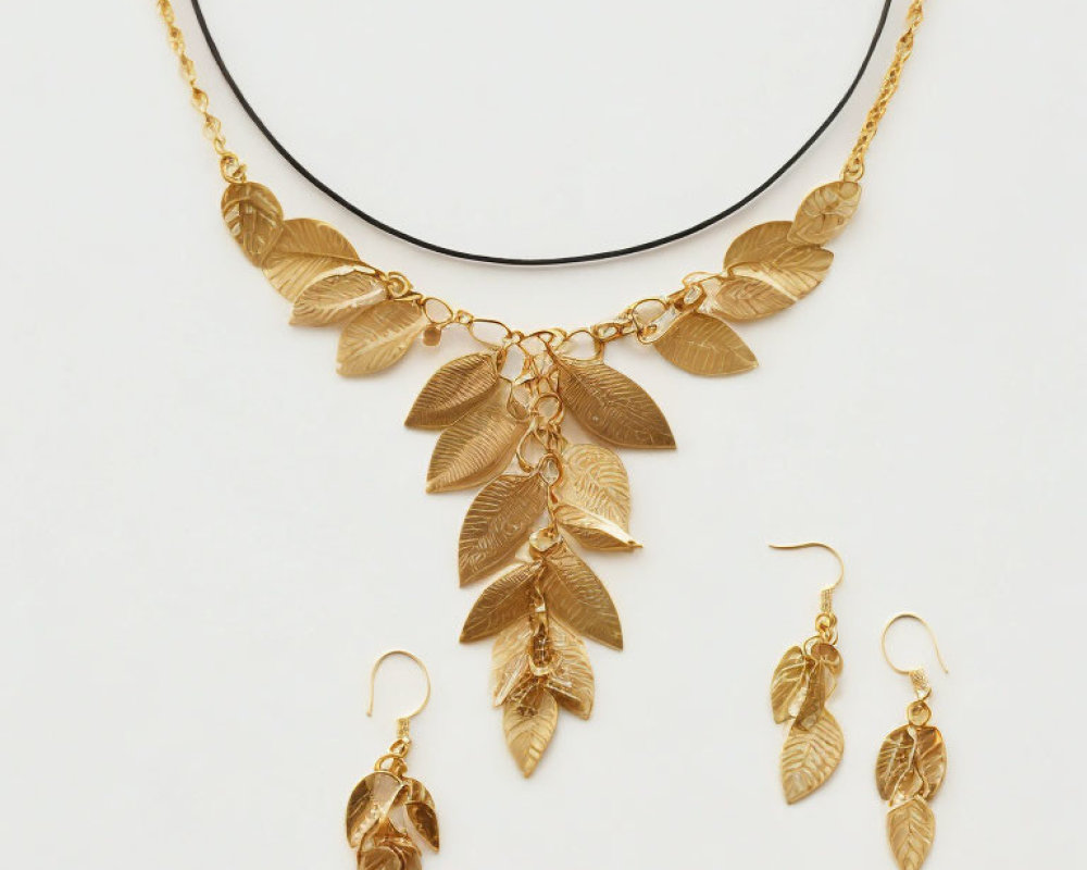 Gold Leaf Jewelry Set with Detailed Leaf Necklace & Dangling Earrings