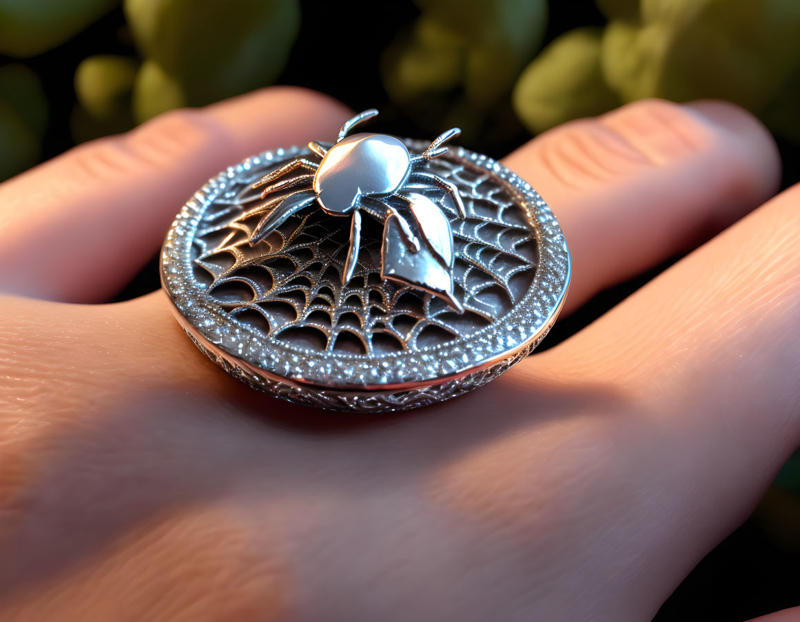 Detailed Spider-Shaped Brooch on Circular Web Design with Metallic Finish