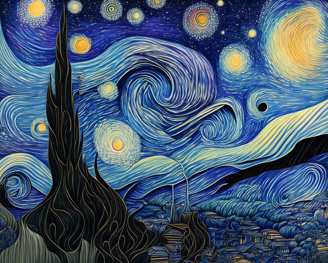 Stylized painting of night sky with swirling stars and clouds over a sleeping town and cypress tree