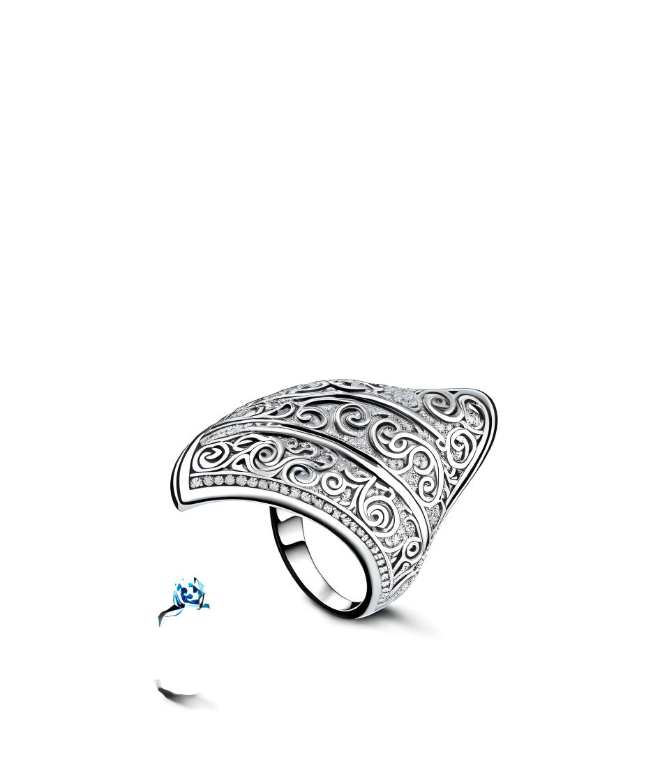 Silver ring with intricate scrollwork design and blue flower detail on white background