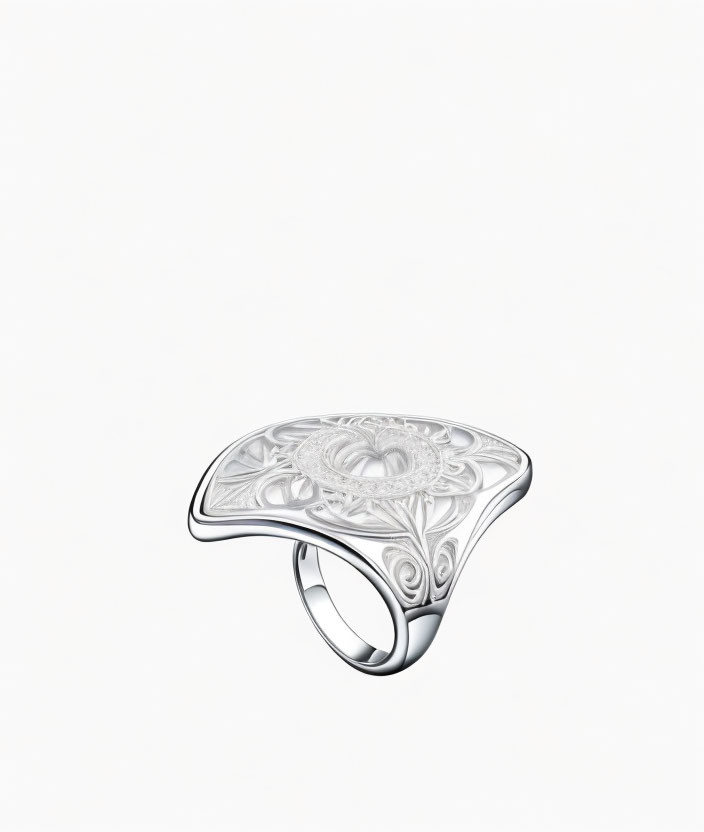 Intricate Filigree Silver Ring on White Background