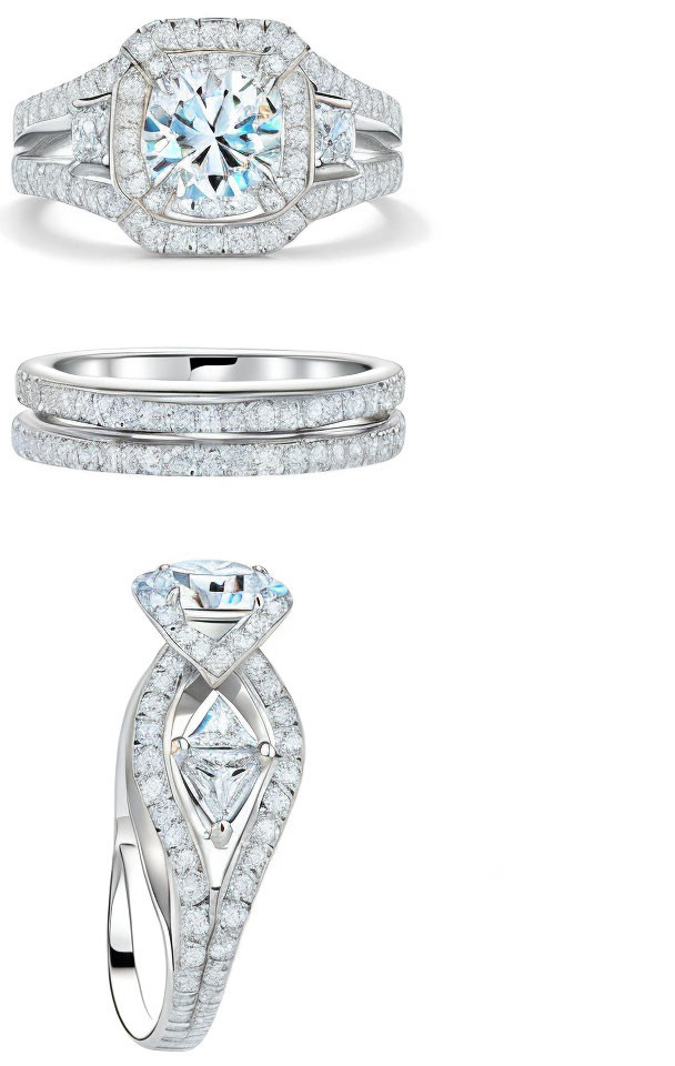 Diamond rings with central large stone and intricate metalwork.