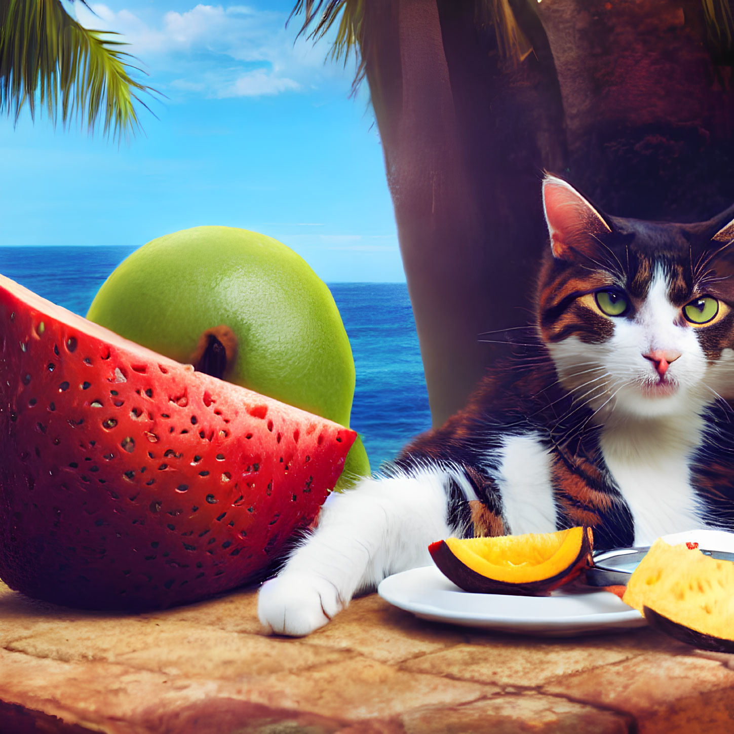 Cat relaxing near table with fruit on beach background