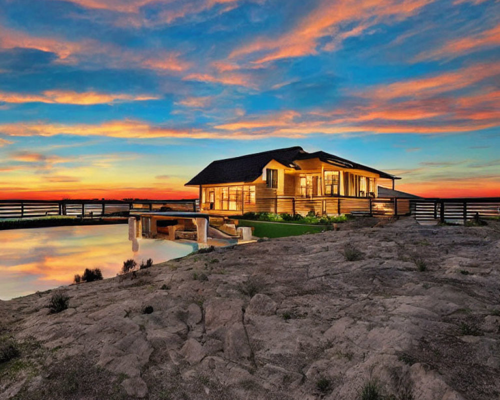 Modern House with Lit Interior and Pool under Vibrant Sunset Sky