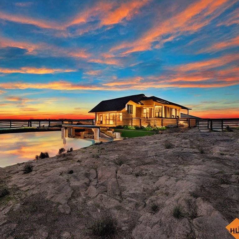 Modern House with Lit Interior and Pool under Vibrant Sunset Sky