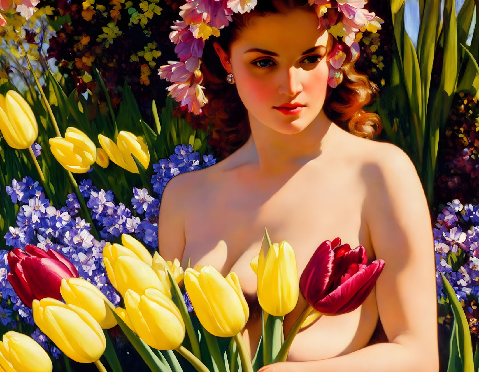 Classical beauty: Woman with flowers in hair among yellow tulips & purple blooms