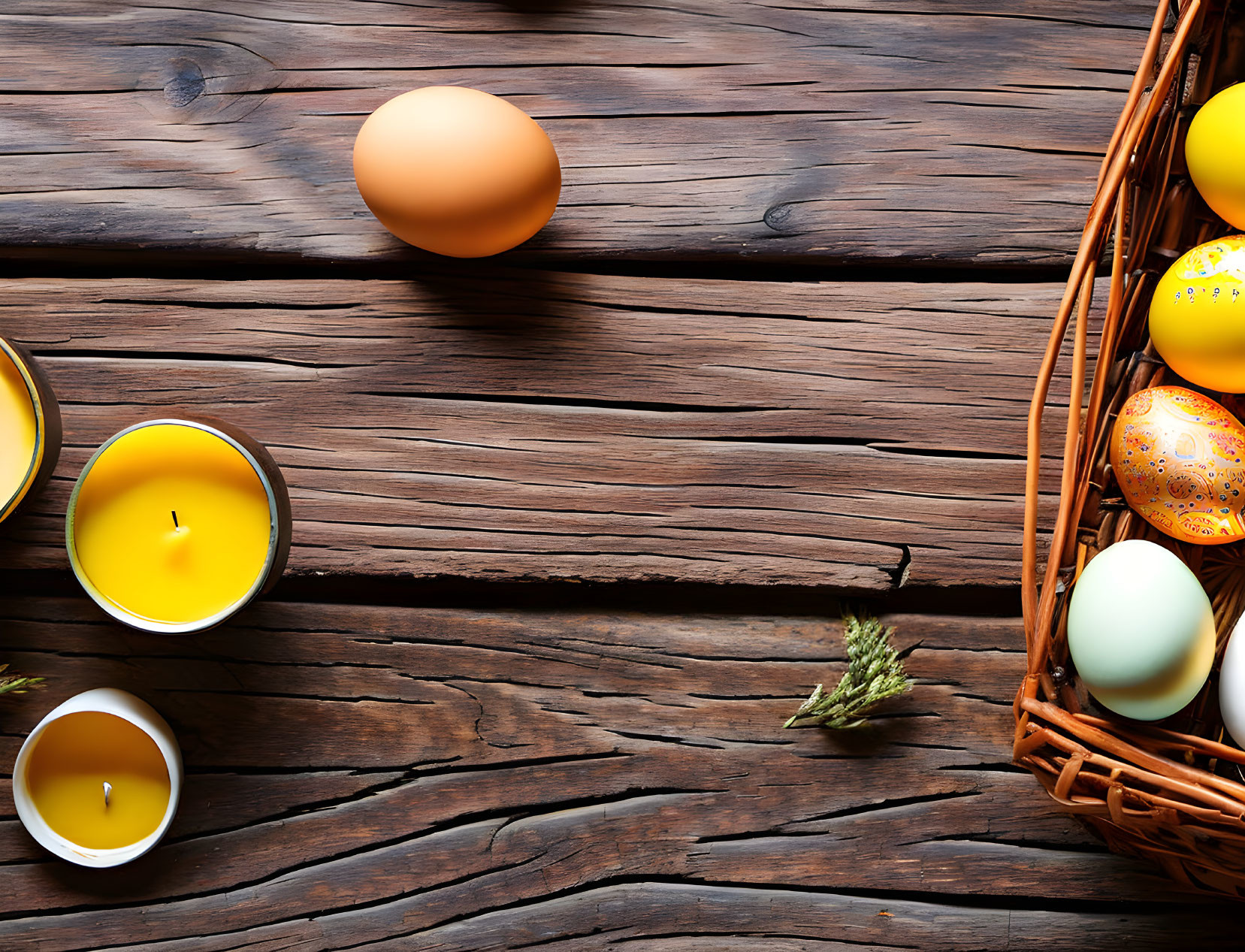 Rustic wooden table with Easter eggs, wicker basket, candles, and greenery