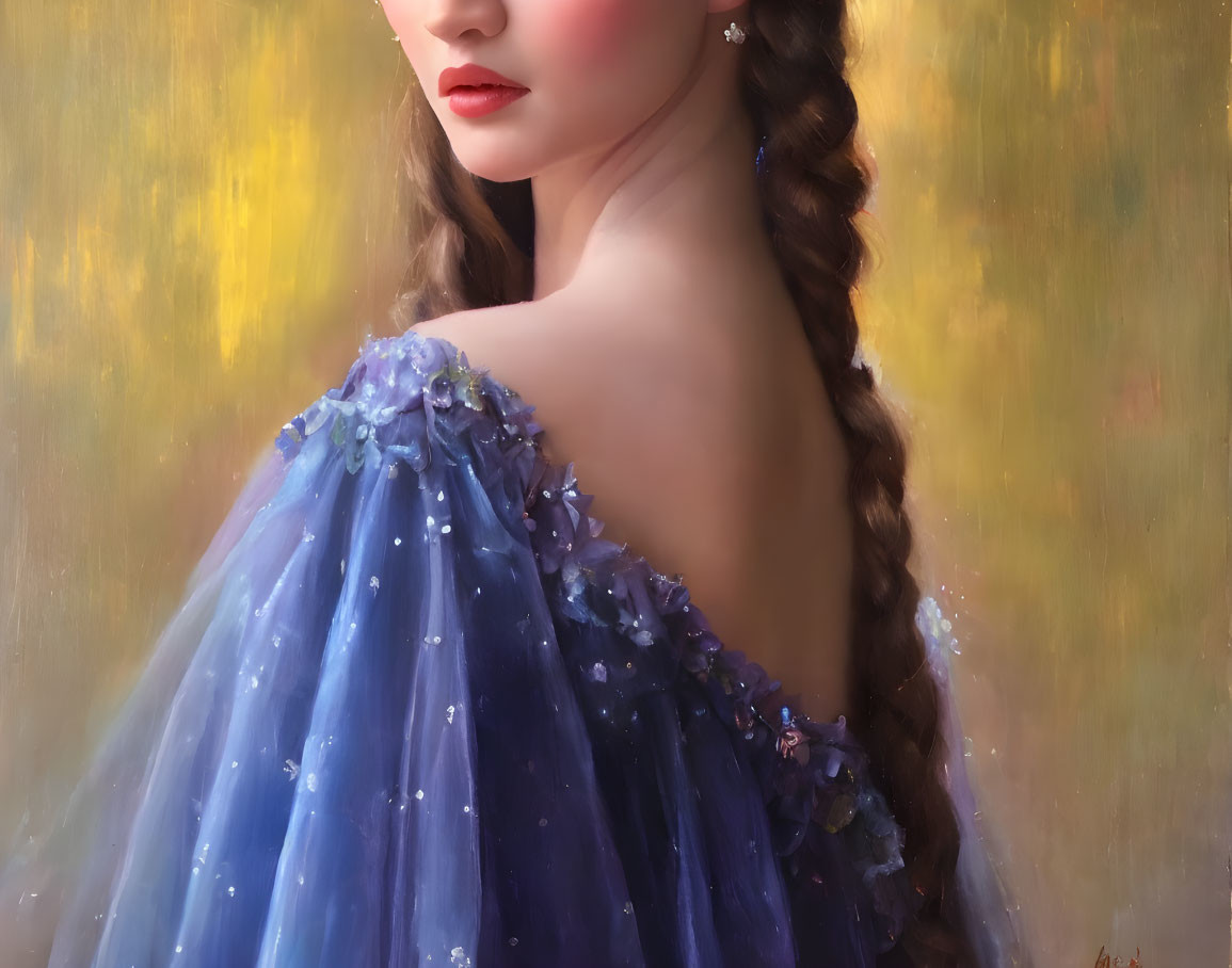 Woman with Braided Hairstyle in Blue Dress with Flower Details