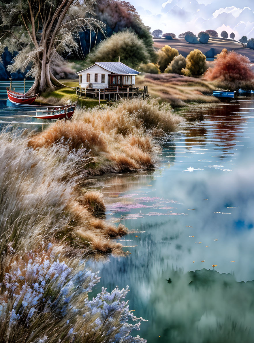 Tranquil lakeside landscape with white house on stilts, autumn trees, boats, and lush