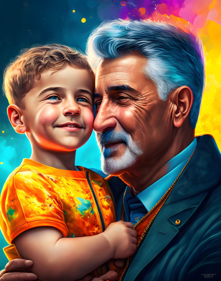 Intimate digital painting of elderly man and young boy smiling