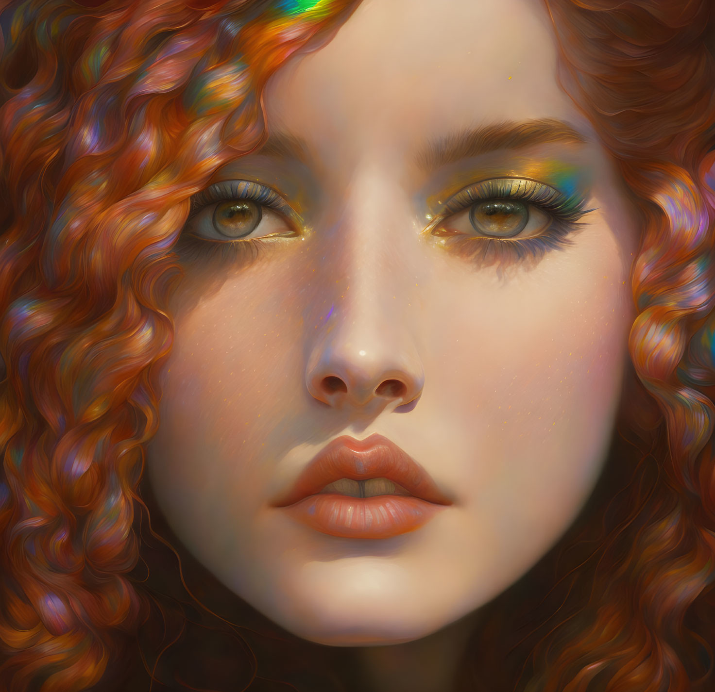 Vibrant digital portrait of a woman with red curly hair and golden eyeshadow