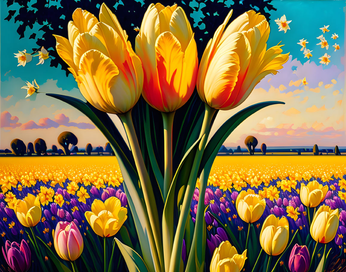 Colorful Tulips in Sunset Field with Fluttering Petals