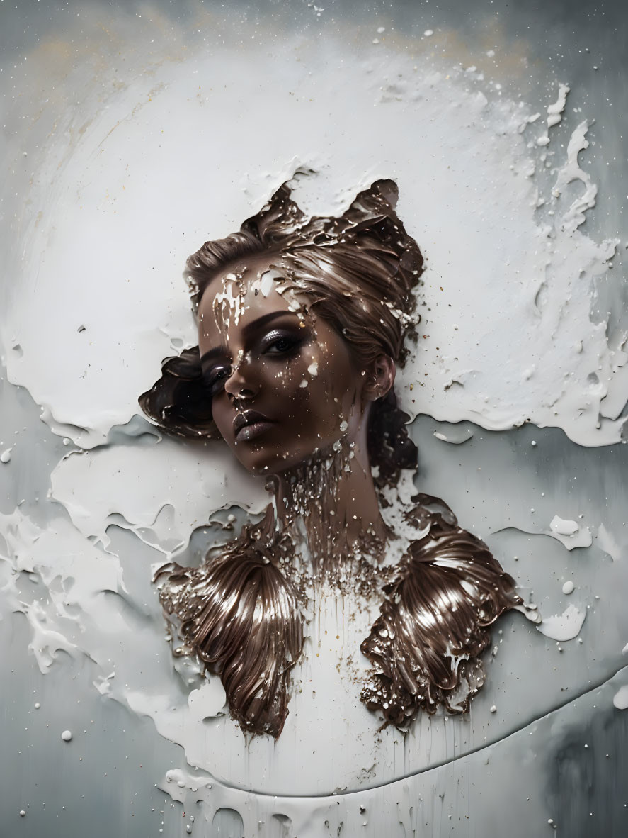 Surreal portrait of a woman with milk splashes blending in hair