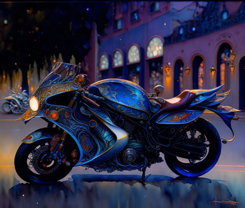 Intricate blue and gold custom motorcycle at night with illuminated buildings