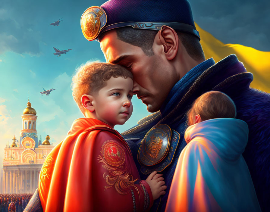 Adult and child touching foreheads in front of grand architecture and flying machines at sunset