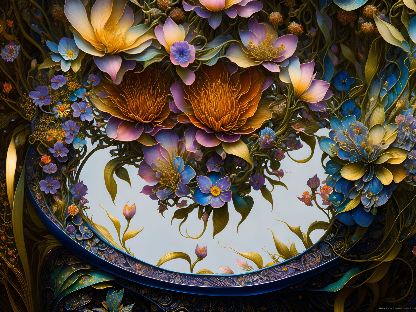 Colorful ornate flower digital art with gold and blue mirror frame on dark background