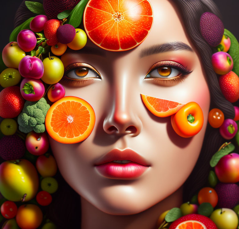 Colorful surreal portrait of woman's face adorned with fresh fruits