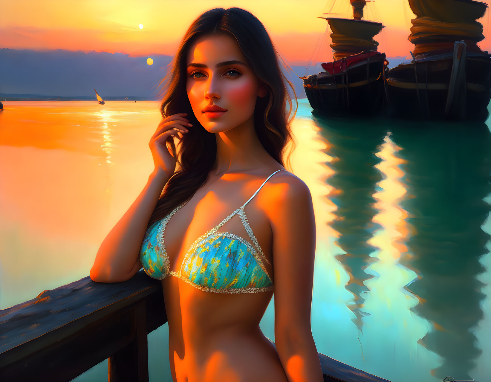 Woman in bikini on dock at sunset with sailboats and calm waters