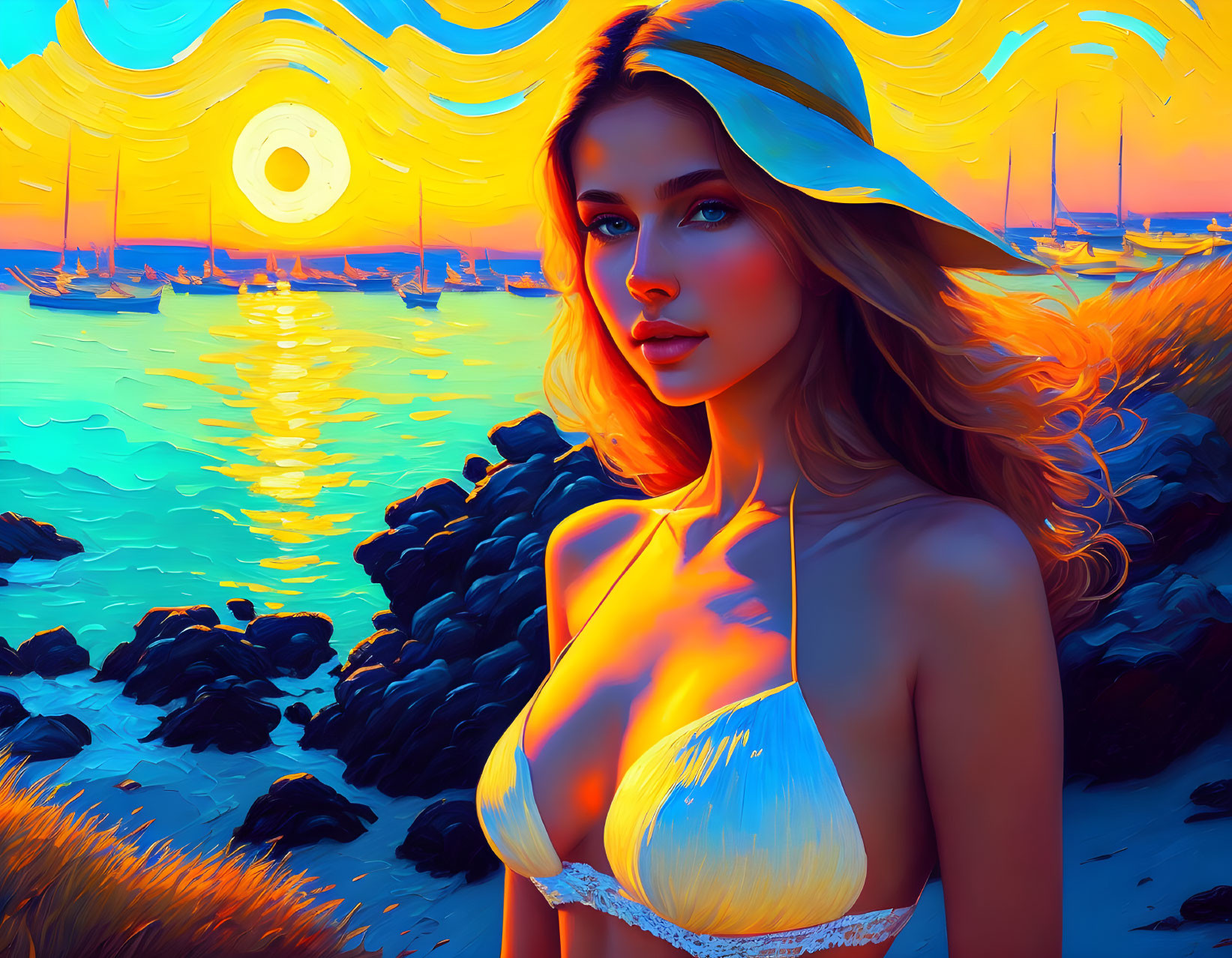 Vibrant sunset digital artwork of woman in bikini by calm sea