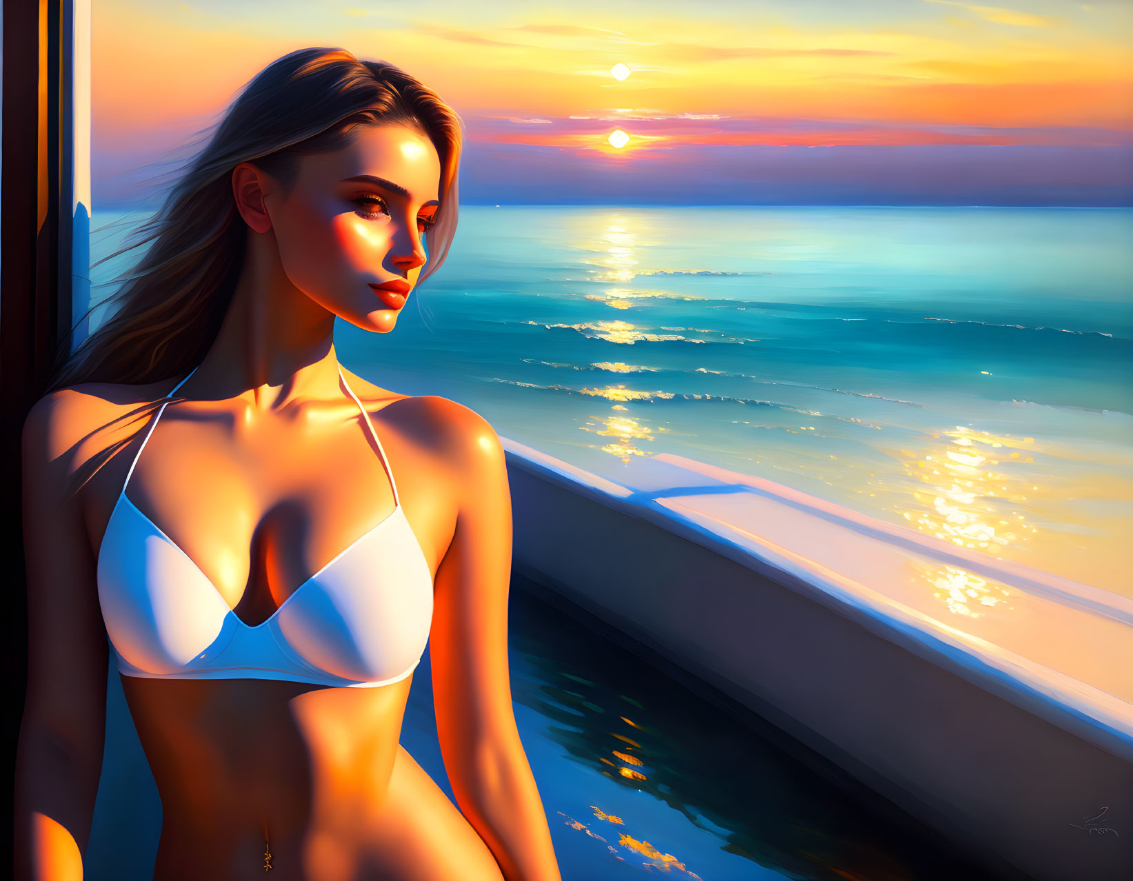 Woman in White Bikini Watching Sunset over Ocean in Warm Colors