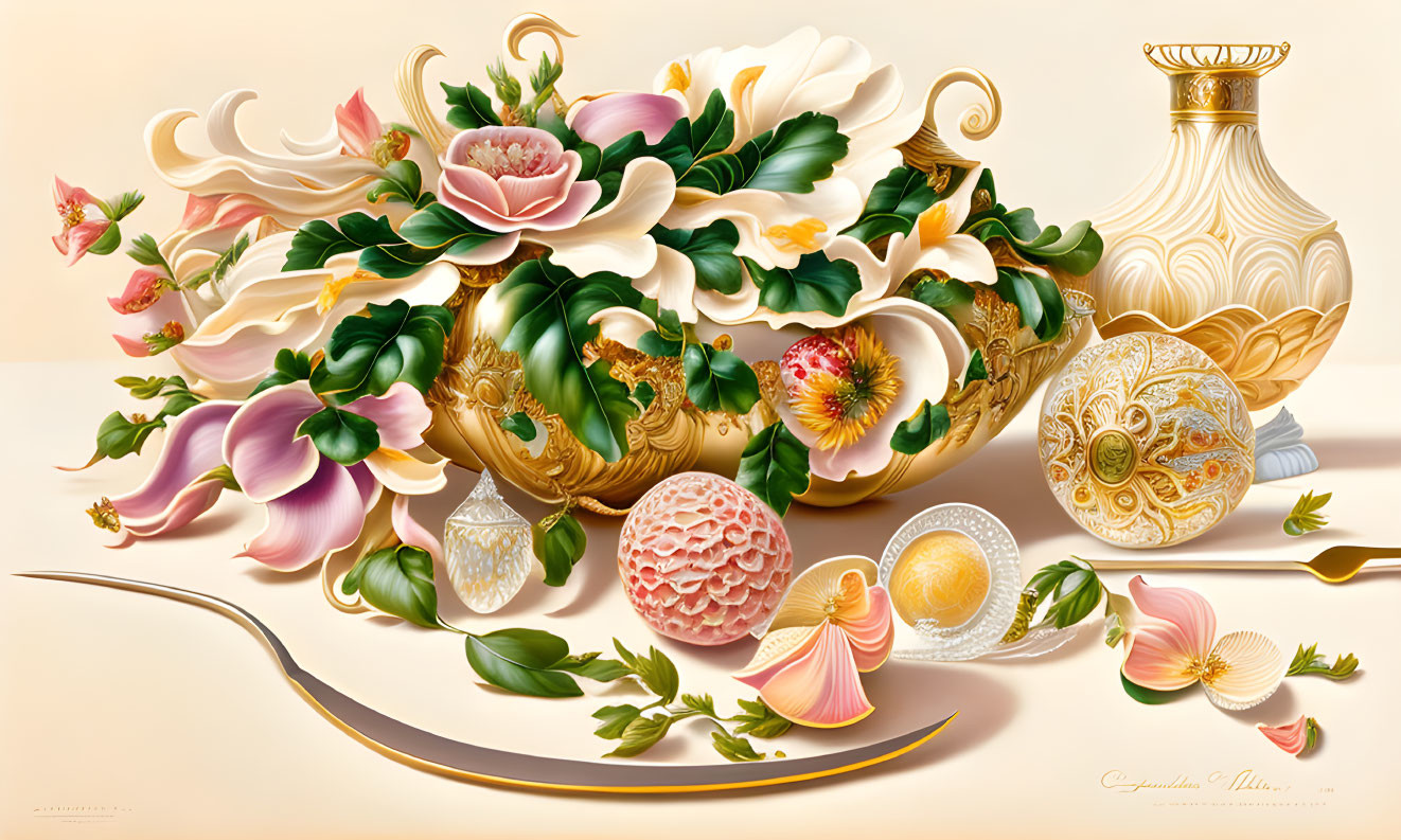 Intricate still-life painting with vase, flowers, shells, and egg