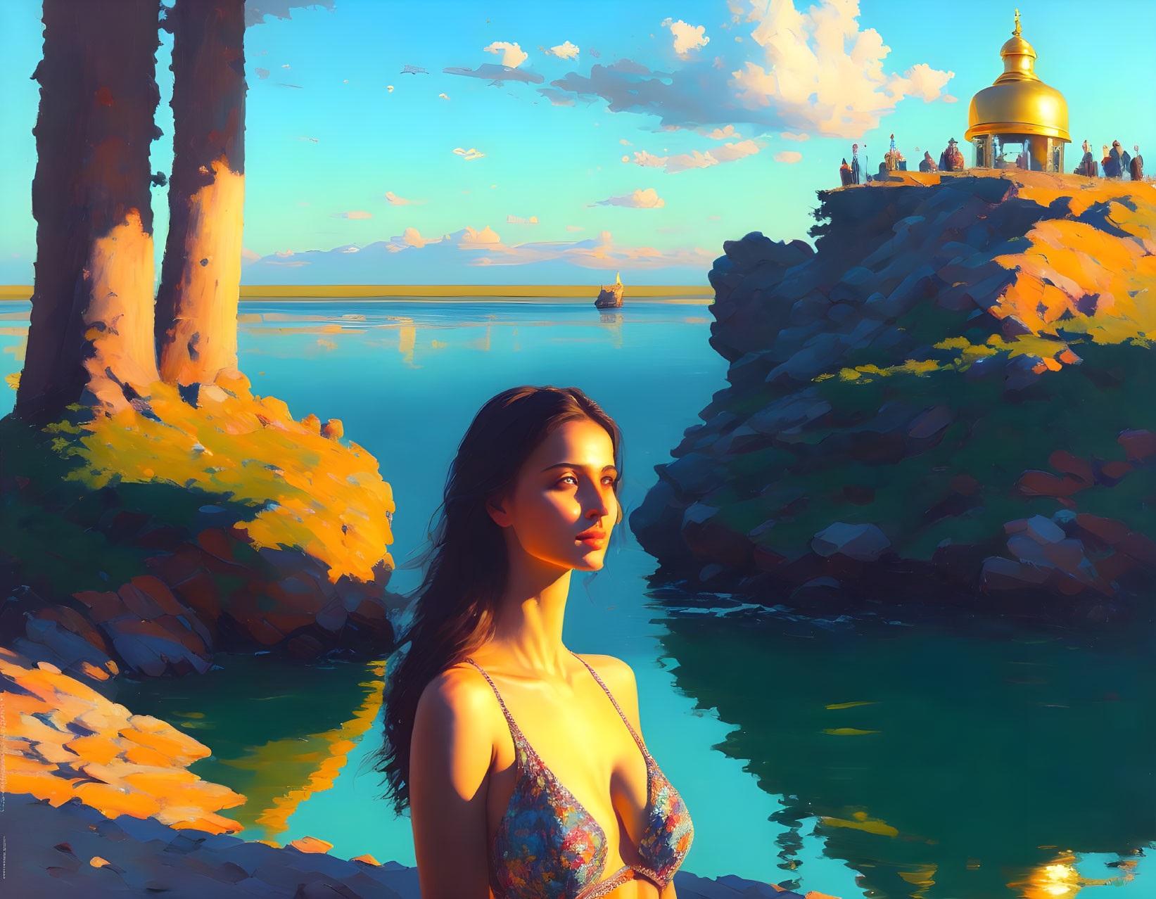 Woman in swimsuit near water with boat and temple-topped islet under blue sky