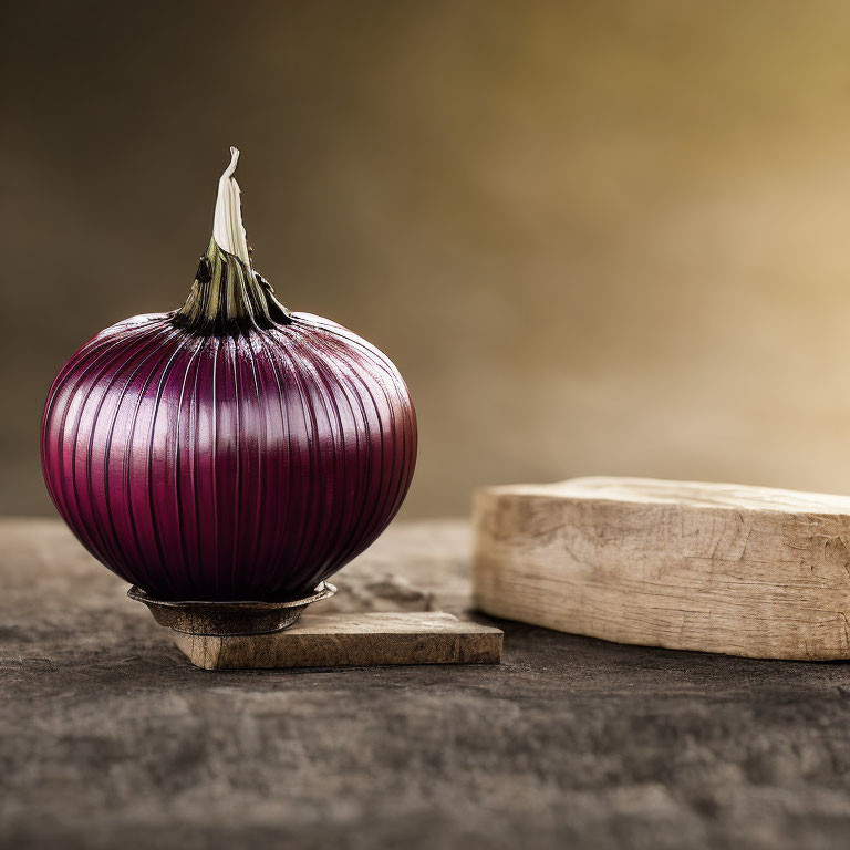 Red onion on wooden base near chopping board against blurred background