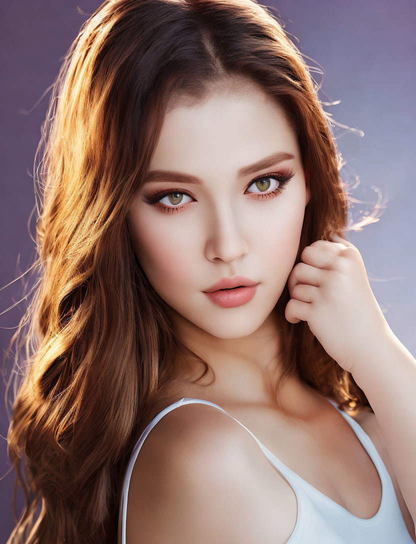 Portrait of a woman with wavy hair and striking brown eyes