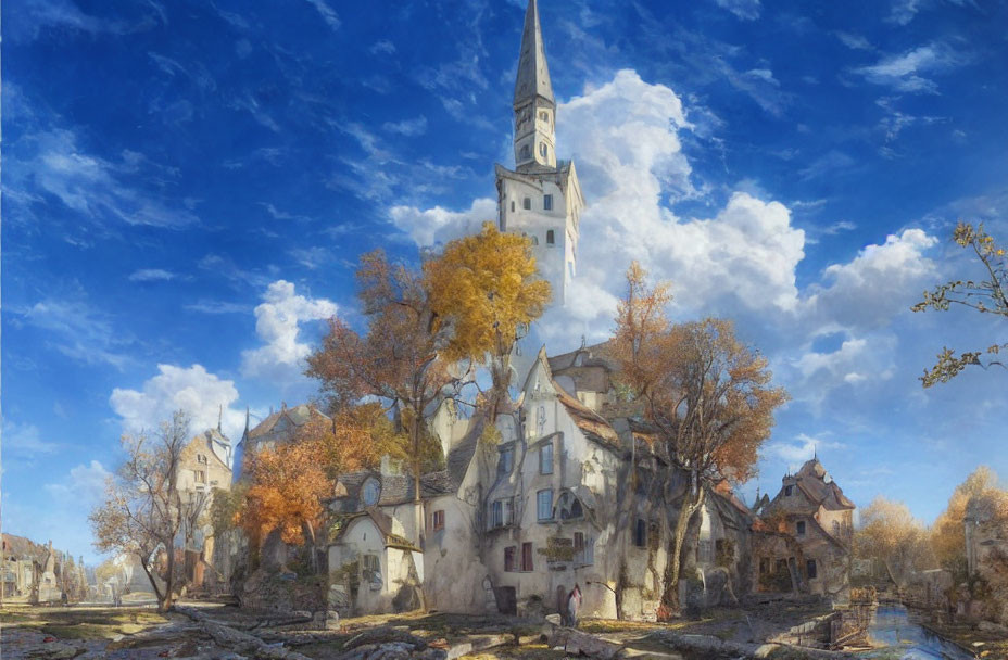 Village with Church Spire, Cobblestone Paths, Traditional Houses, Autumn Trees, Blue Sky