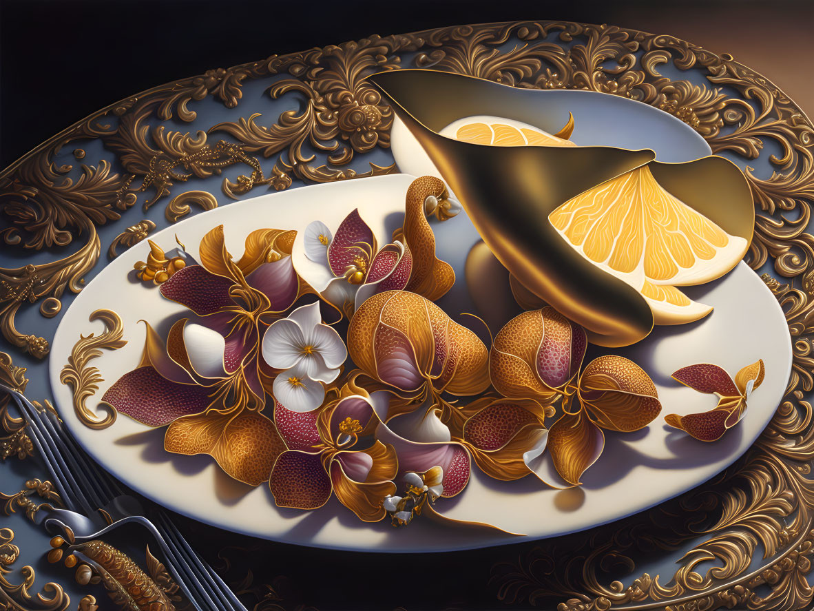 Baroque pattern dish with golden-brown orchids and citrus slices on chopsticks