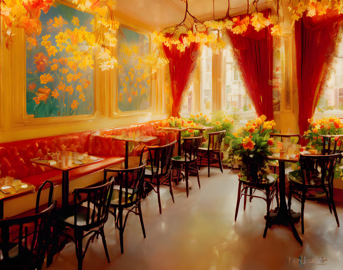 Cozy Cafe Interior with Floral Decor and Warm Lighting