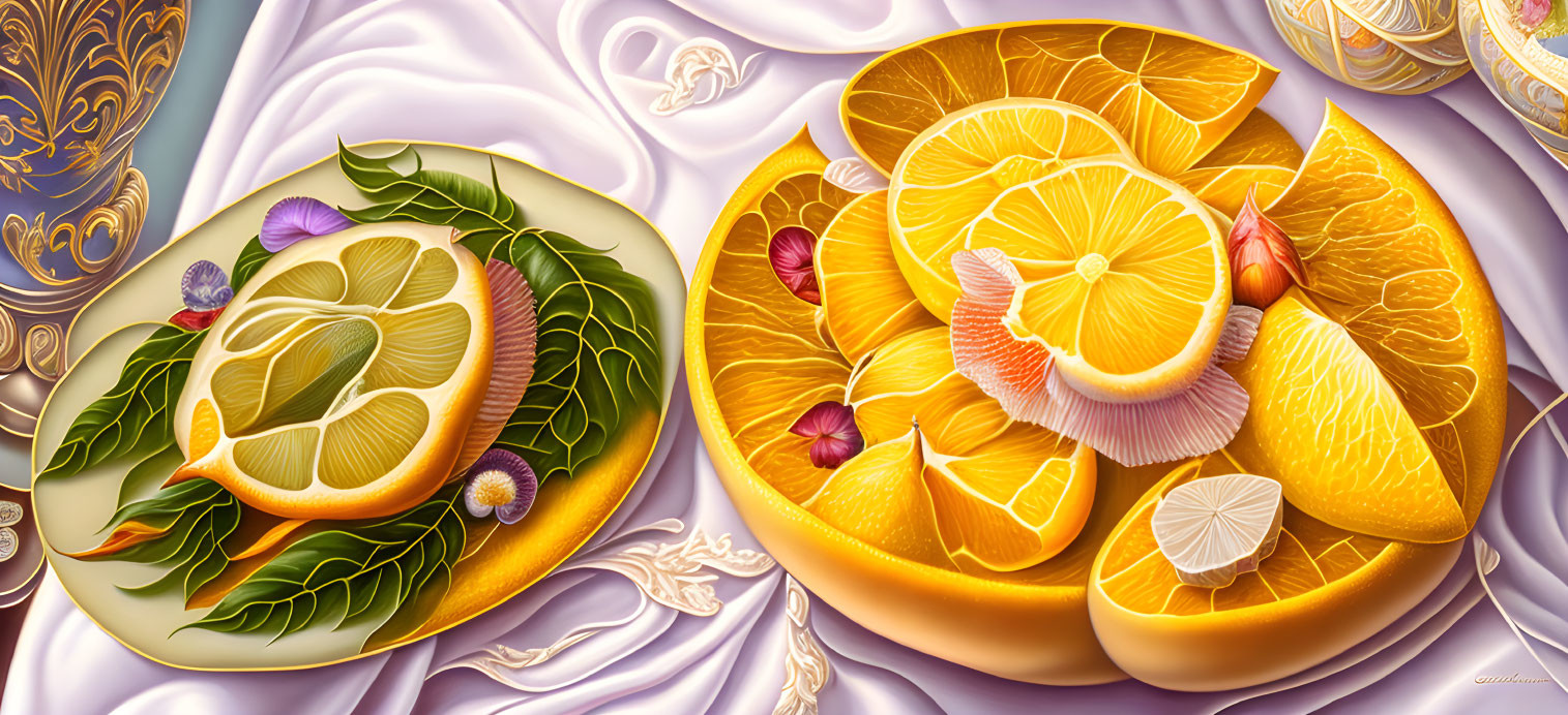 Still Life Painting: Citrus Fruits and Flowers on Plates