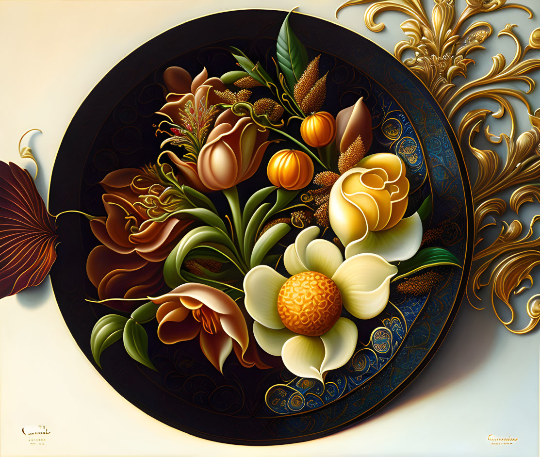 Circular 3D floral artwork in warm hues with gold accents