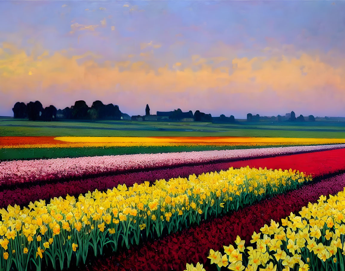 Colorful Tulip Rows Under Twilight Sky with Distant Buildings