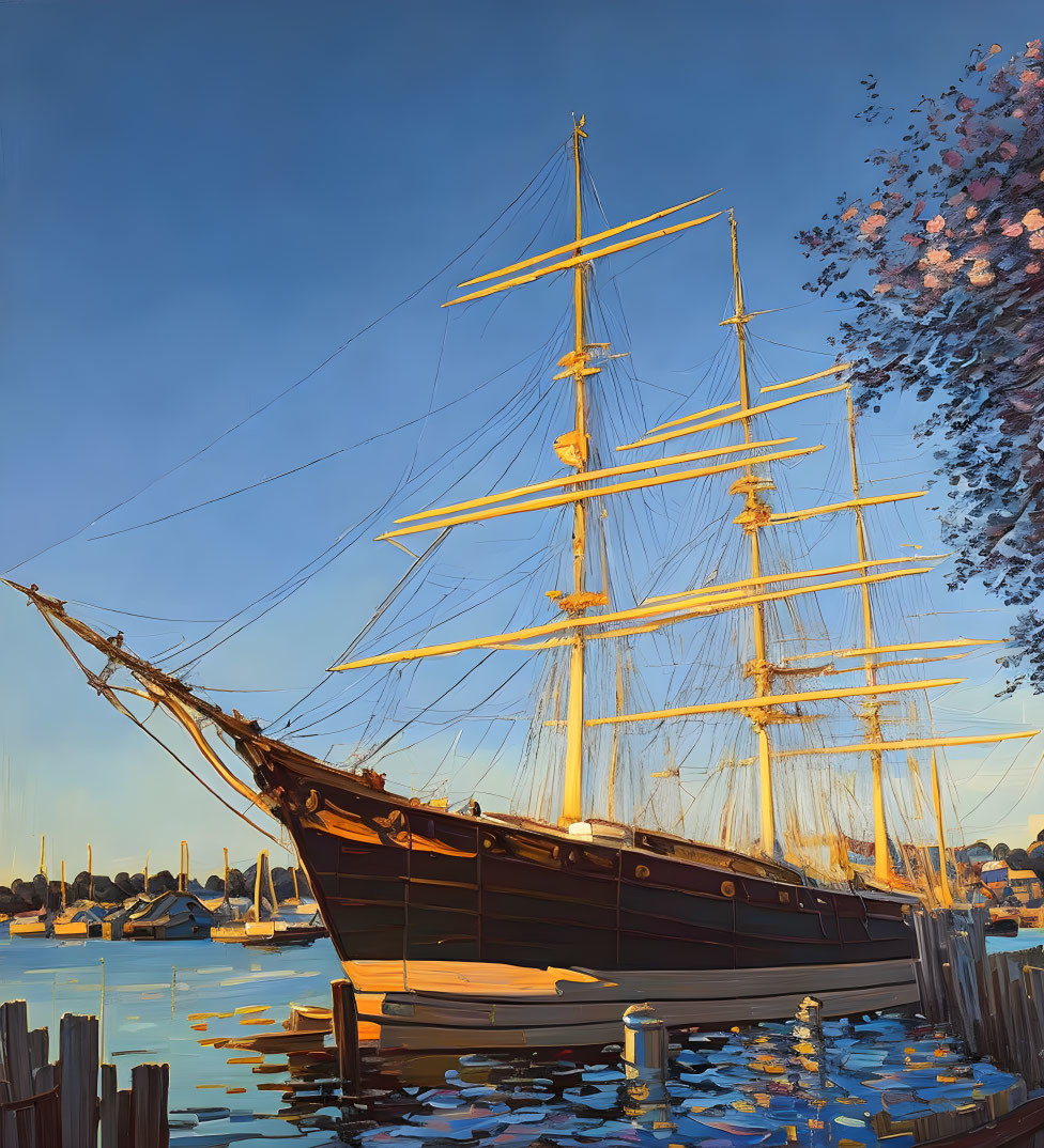 Tall ship with multiple masts in calm waters at sunset and cherry blossom branch overhead