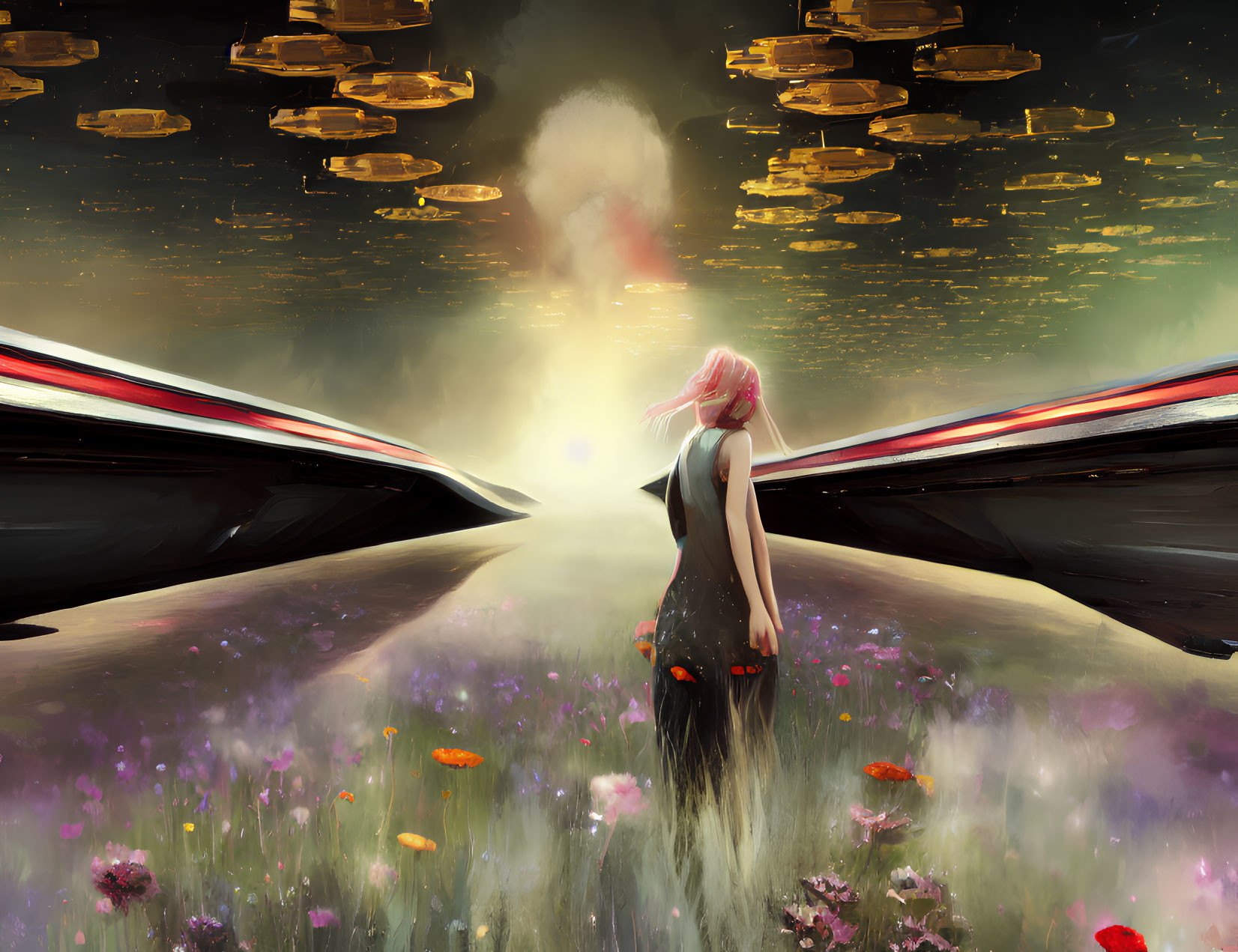 Pink-haired person in a field with bright light, dark wings, and UFOs