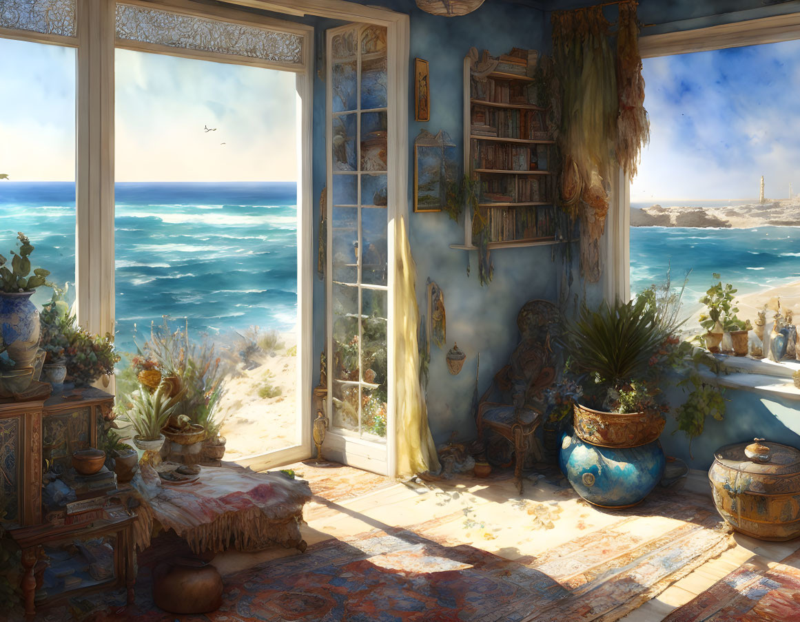 Coastal-themed sunlit room with open door, bookshelves, plants, and beach view