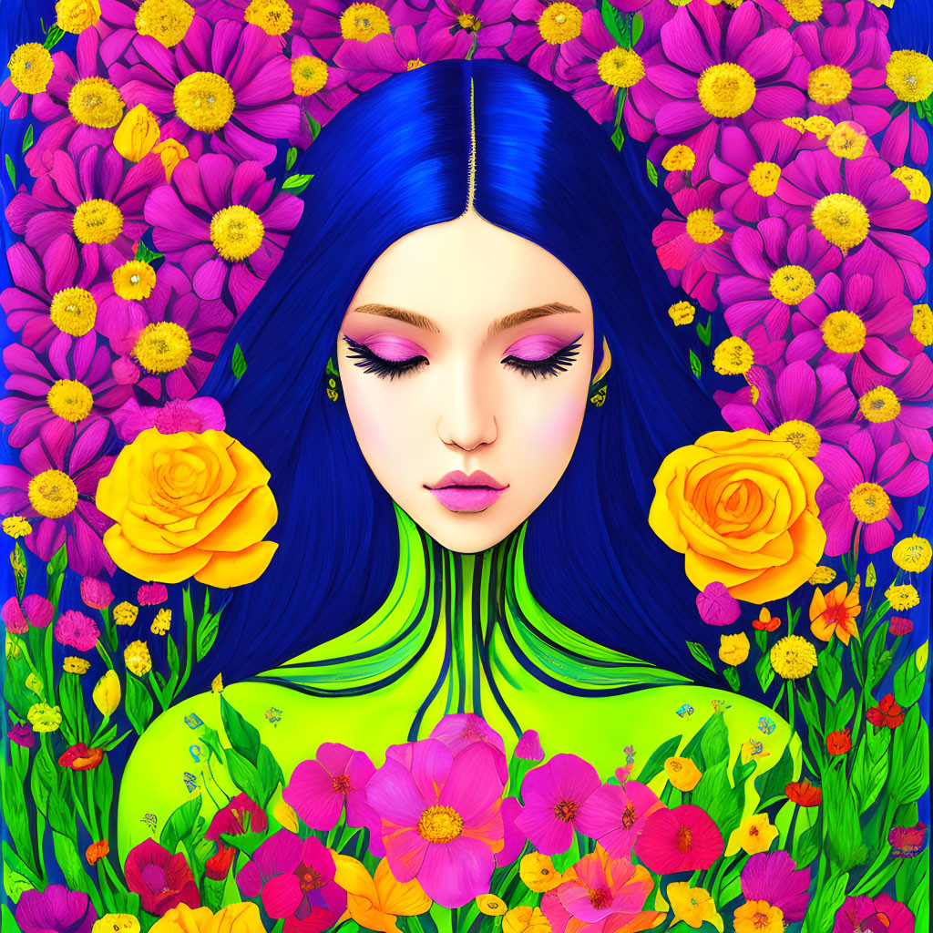 Colorful illustration of woman with blue hair and flowers on pink background