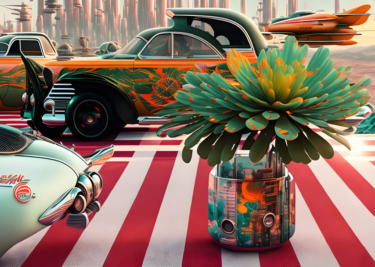 Vintage cars on striped road with stylized plant in tin can, pastel sky & flying vehicles