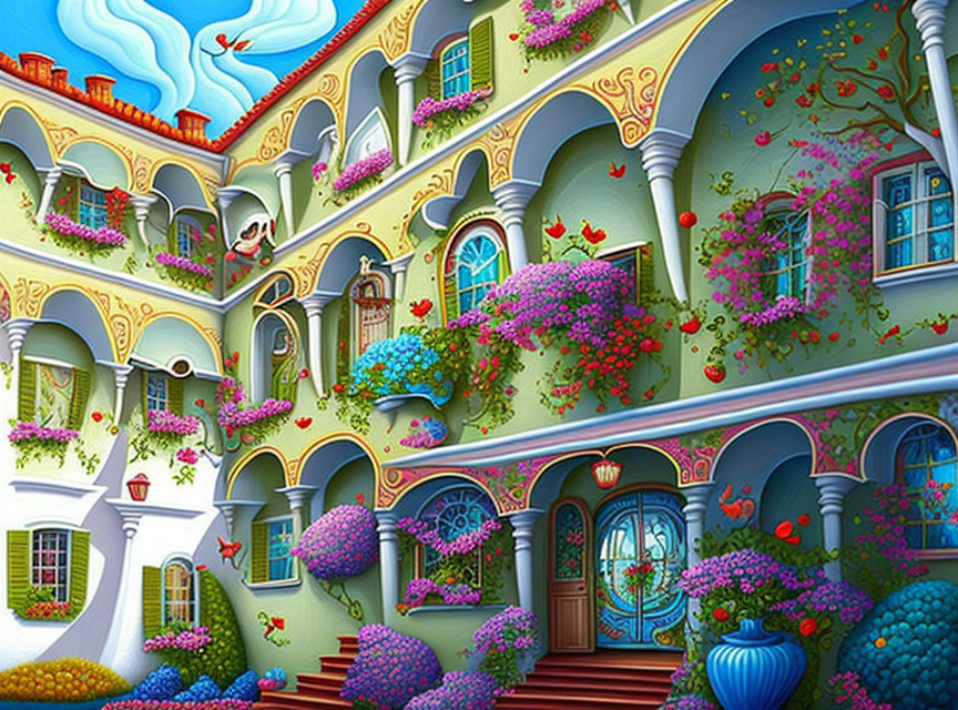 Vibrant illustration of whimsical multi-tiered building with lush plants and intricate balconies