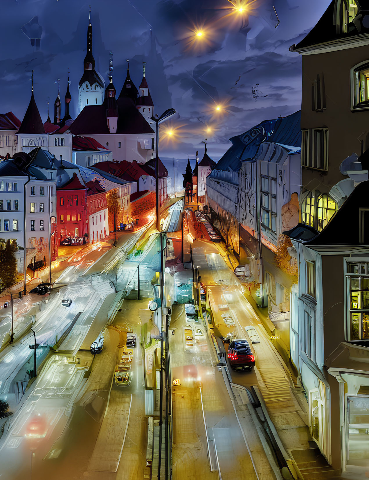 Twilight cityscape with illuminated streets and buildings