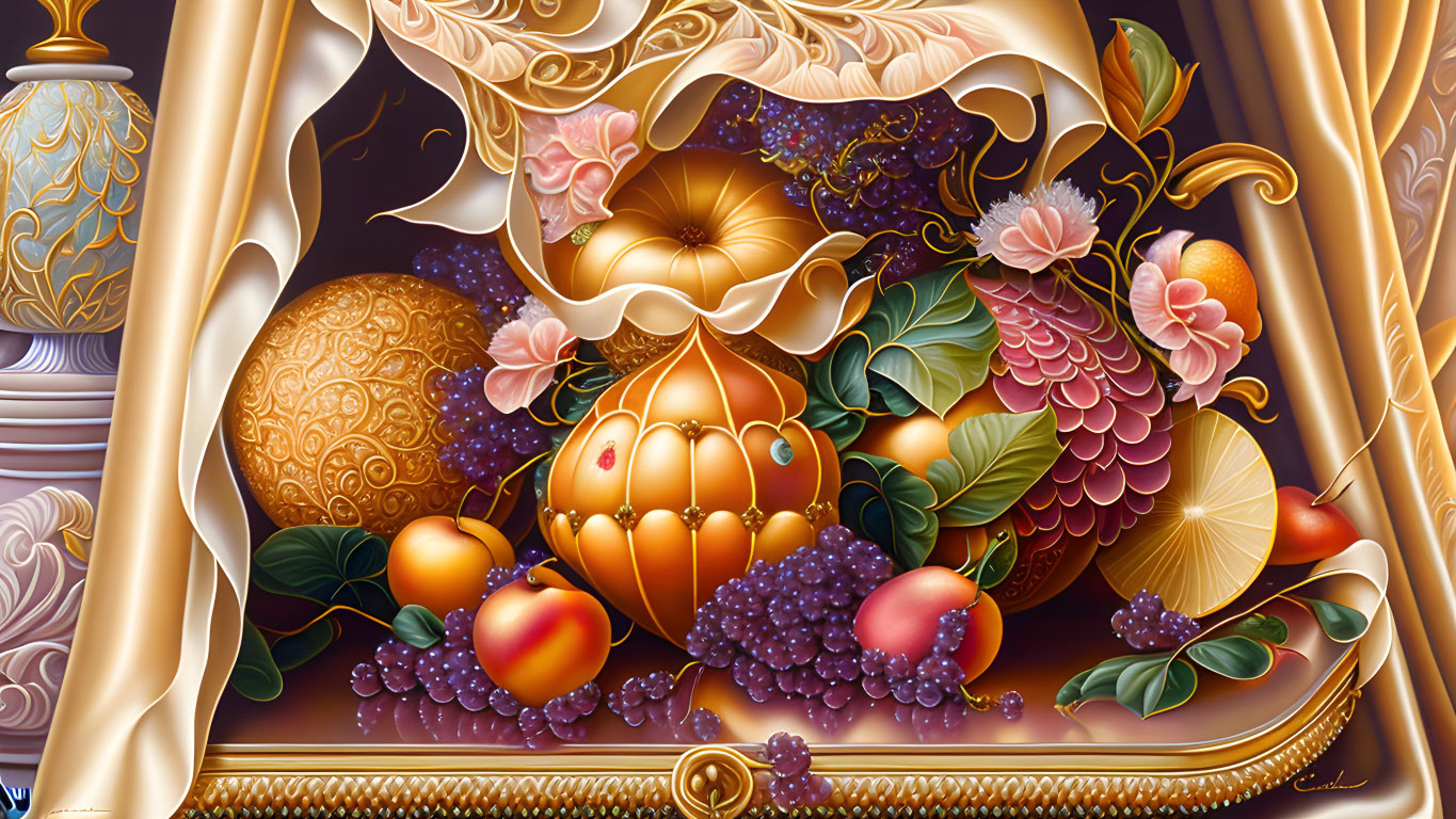 Vibrant still life with golden vases, Easter eggs, fruits, and flowers