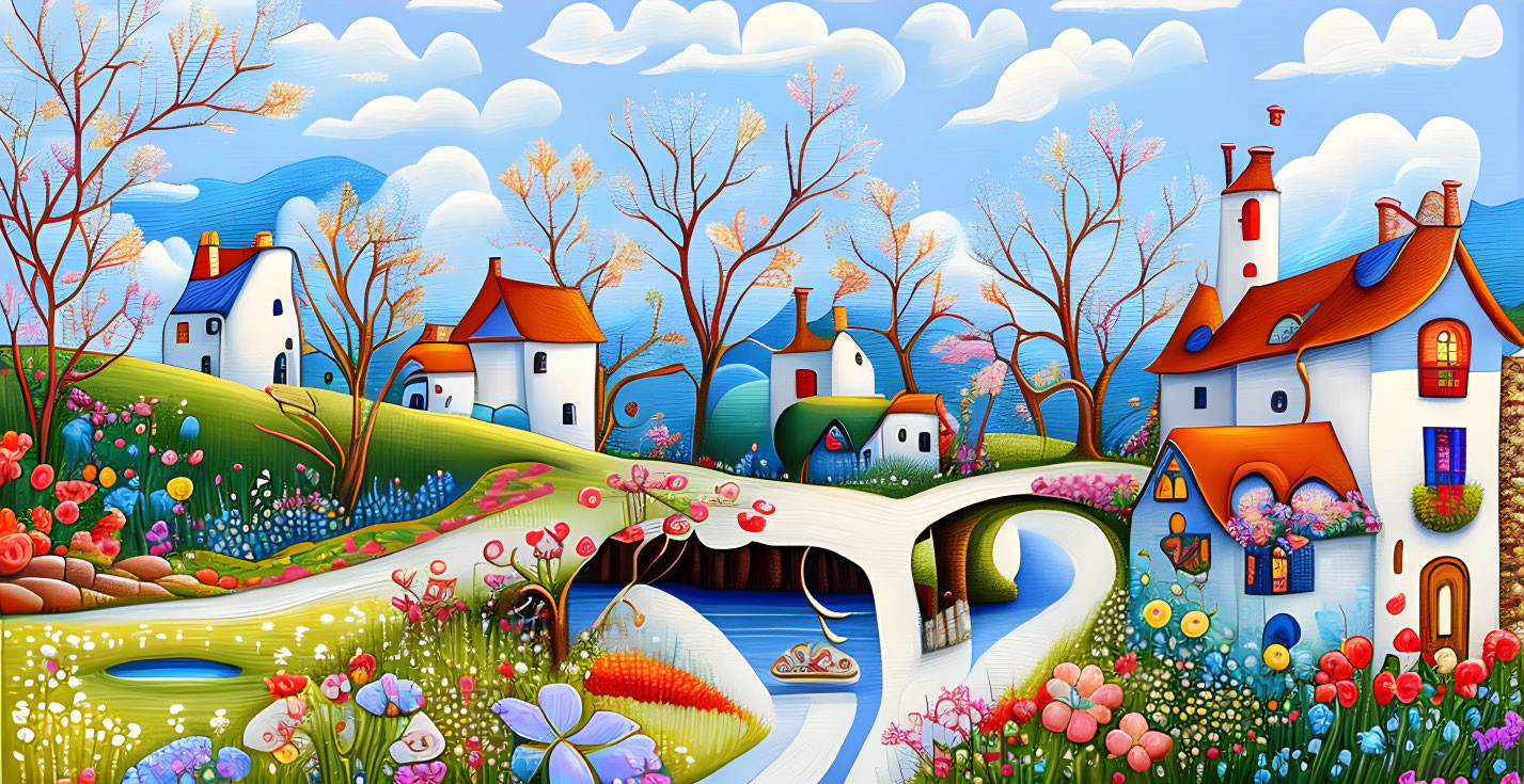 Vibrant landscape with stylized houses, trees, river, bridge, and colorful flowers