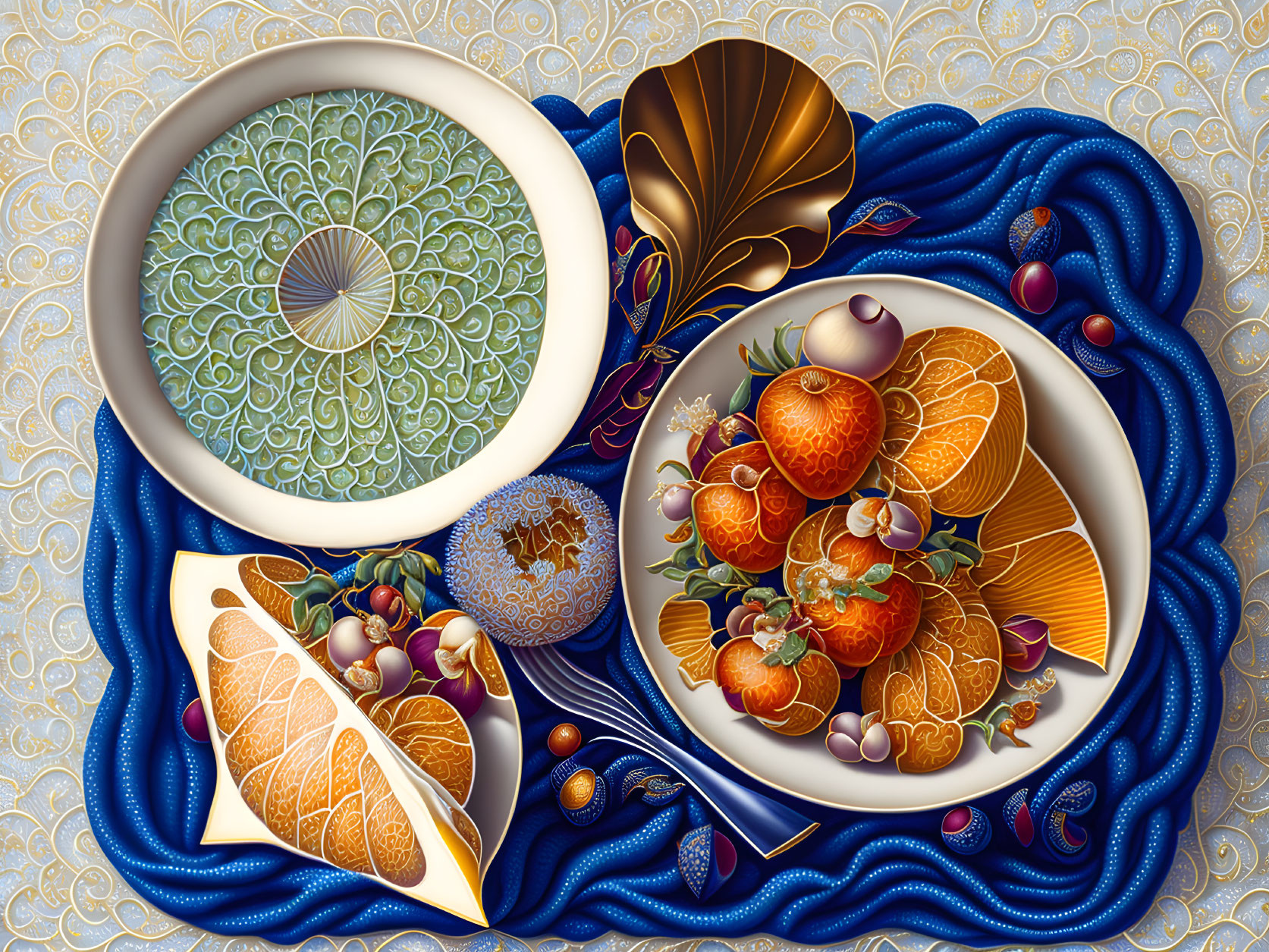 Colorful ornate bowls with fruits and nuts on textured blue fabric