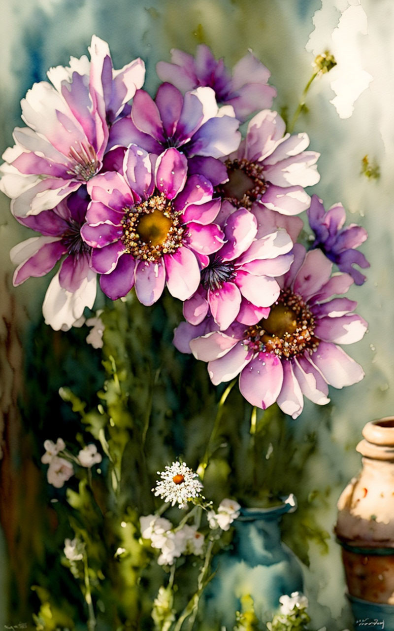 Vivid Purple and White Flowers in Watercolor Painting