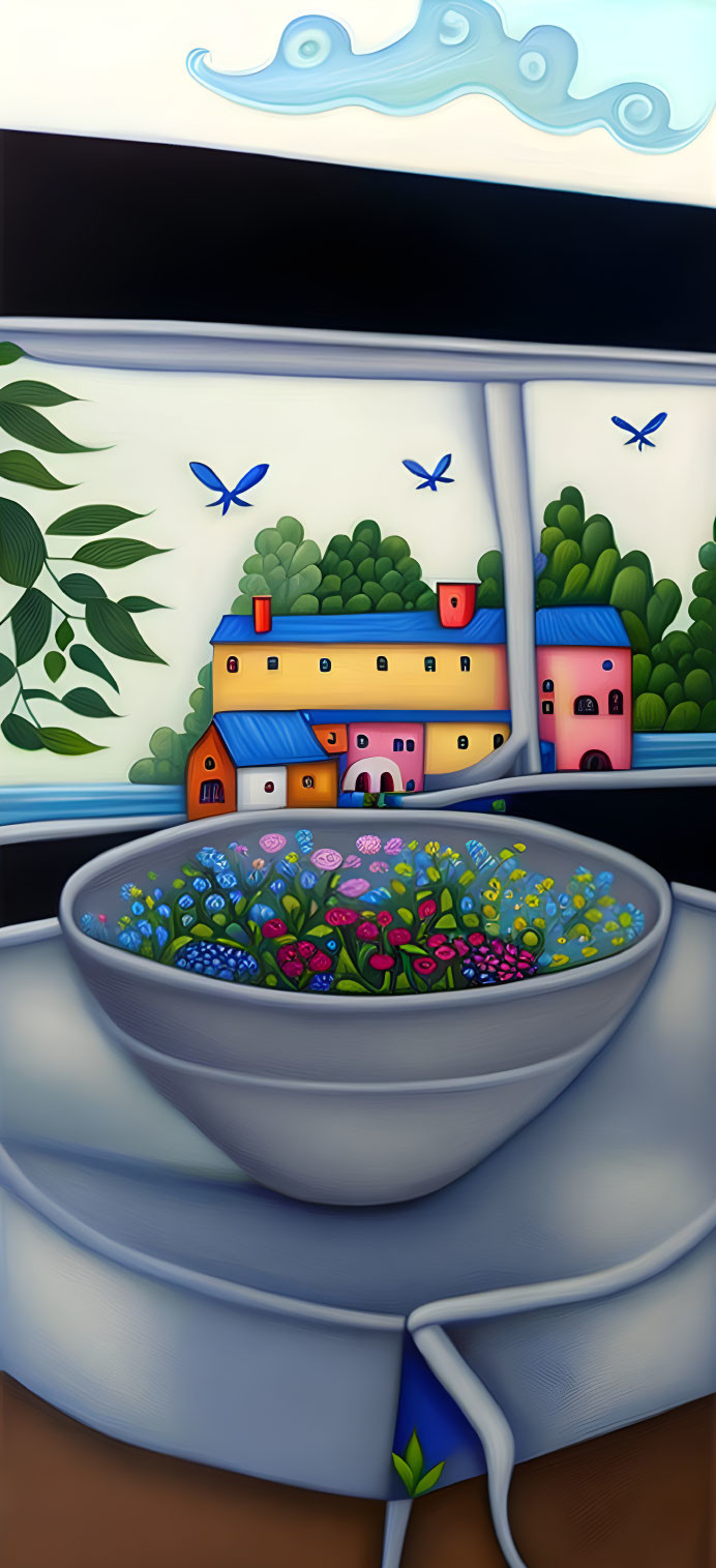 Colorful houses, greenery, blue birds, and vibrant flowers in whimsical illustration