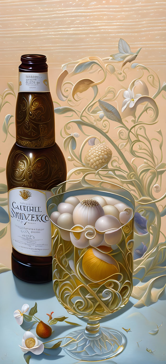 Beer-themed ornate art design with hops, barley, and nature motifs in golden palette