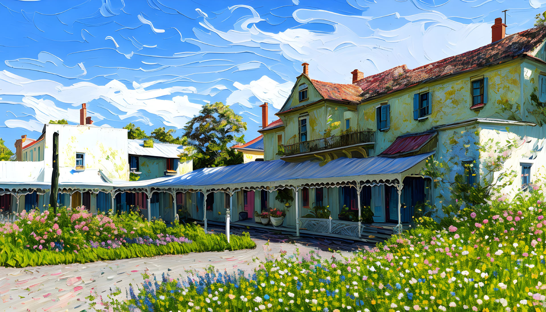 Colorful Van Gogh-style painting: quaint houses, lush gardens, swirling blue sky