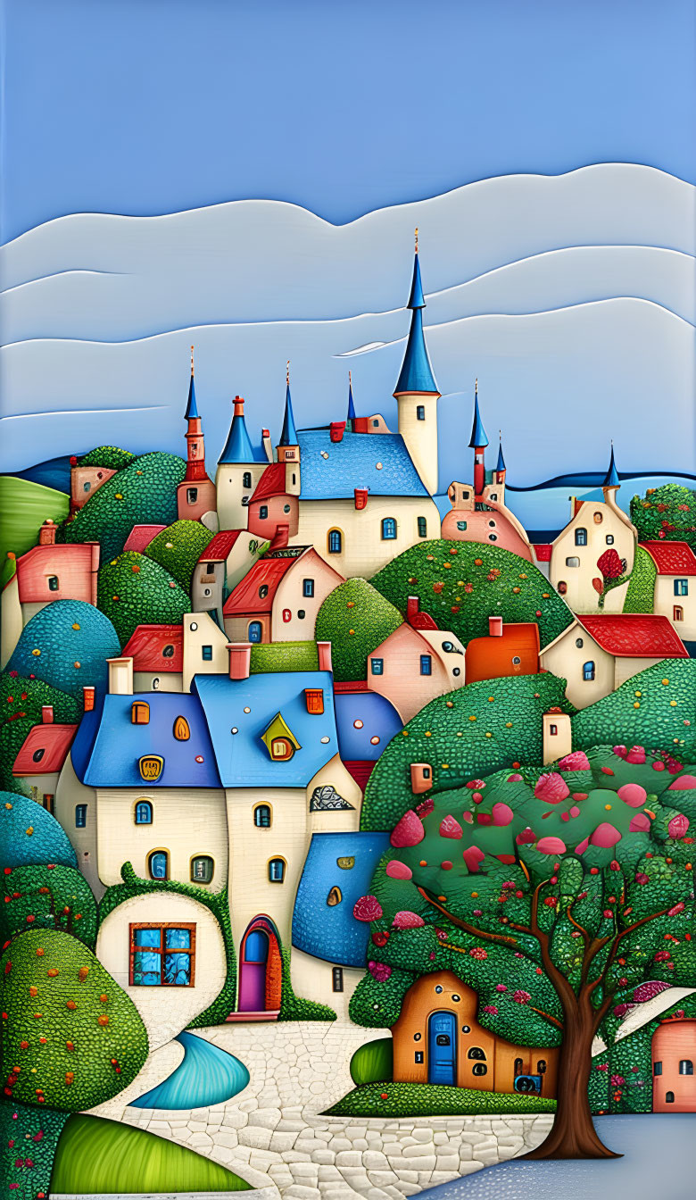 Colorful Village Illustration with Stylized Houses & Rolling Hills