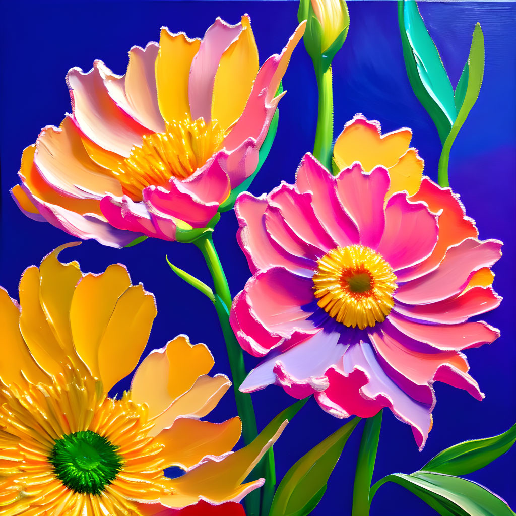 Colorful Flowers Digital Painting with Brush Strokes in Pink, Orange, Yellow on Blue